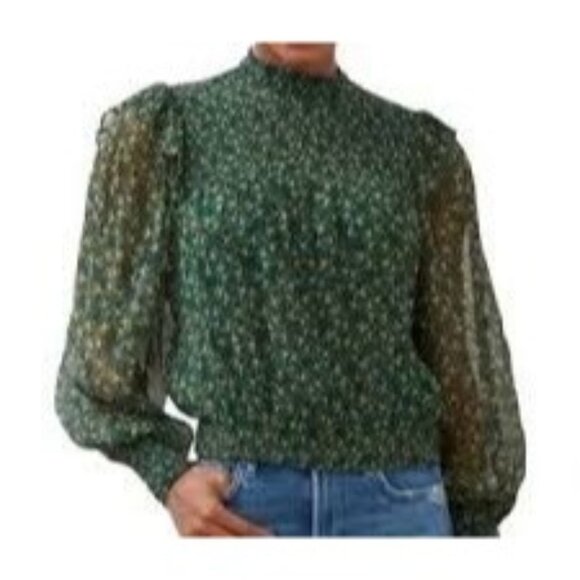 Free People Roma Forest Green Floral Sheer Mock Neck Long Sleeve Blouse Medium - Picture 1 of 15